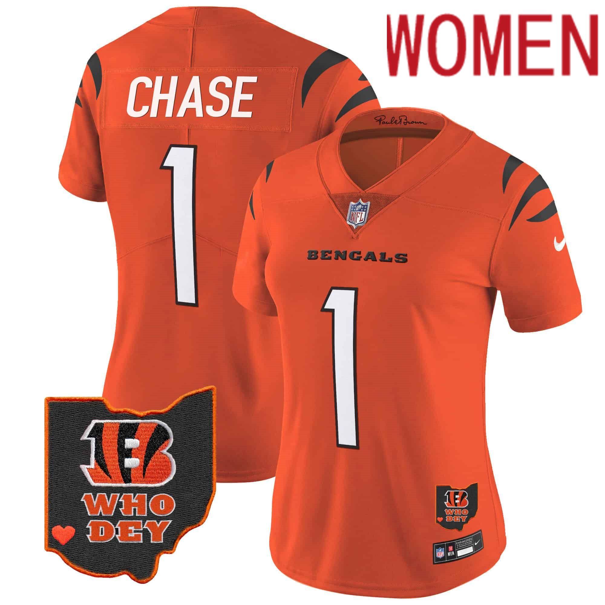 Women Cincinnati Bengals 1 Chase Orange 2024 Nike Patch Vapor Limited NFL Jersey
